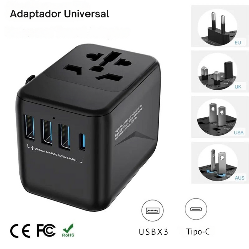 Adaptador Universal de Tomada com 3 Portas USB, 1 Tipo-C